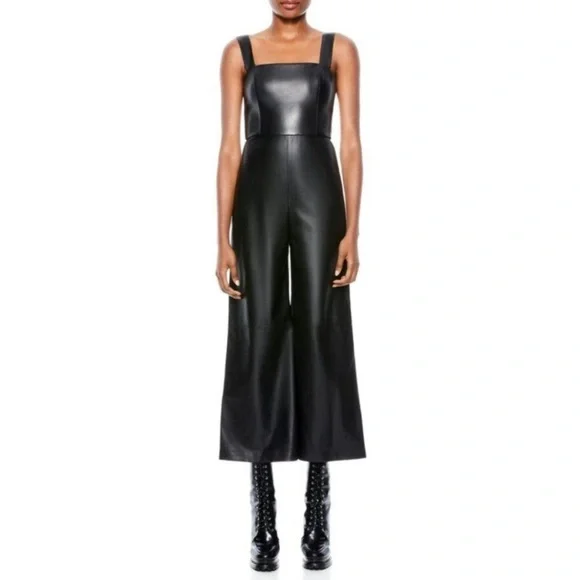 Alice + Olivia Avelina Black Vegan Leather Wide Leg Jumpsuit Size 2 - Picture 2 of 8